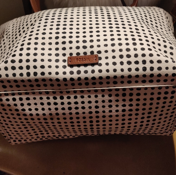 SOLD Black and White Polka Dot Leather Fossil Tote - Picture 3 of 5